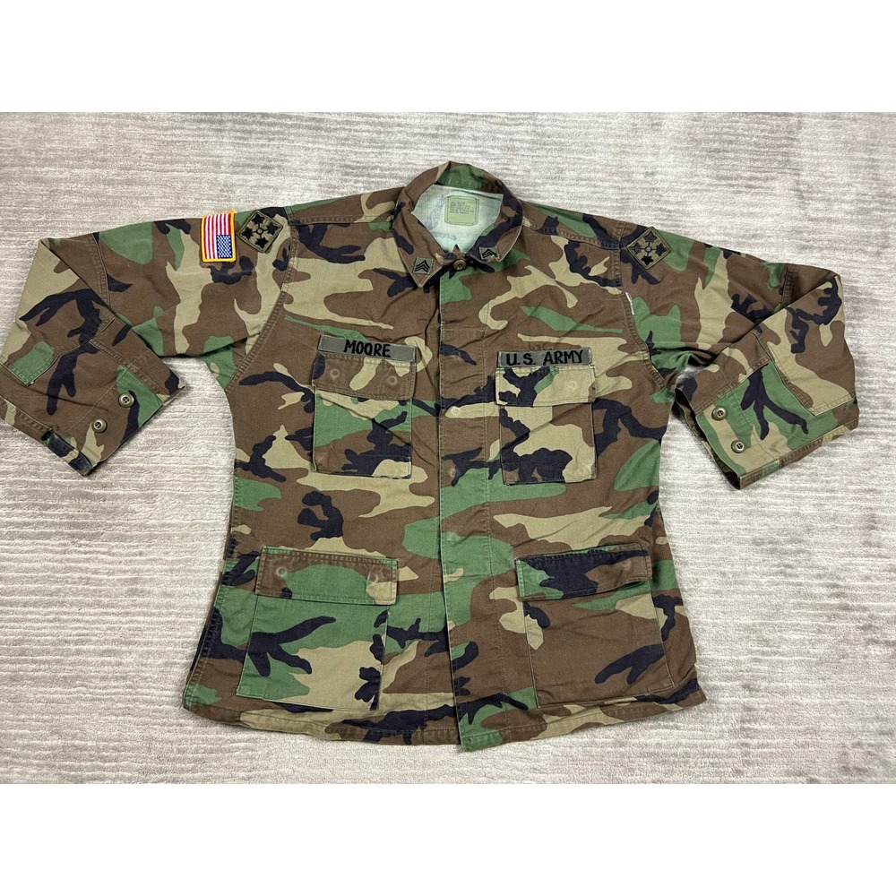 US Army Field Jacket Mens Large Reg Green Camo BDU Woodland 4th Infantry Moore